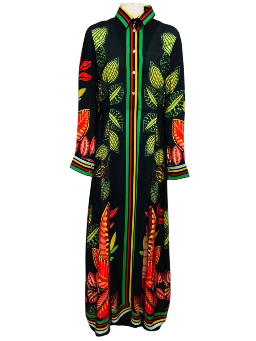 ELIE SAAB BLACK / YELLOW / RED / GREEN MULTI LEAF PRINT SILK MAXI DRESS